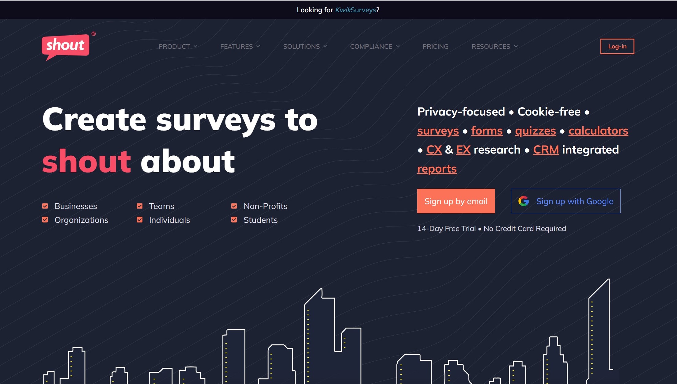 Home page screenshot of Shout (previously Kwiksurveys), an alternative of surveymonkey